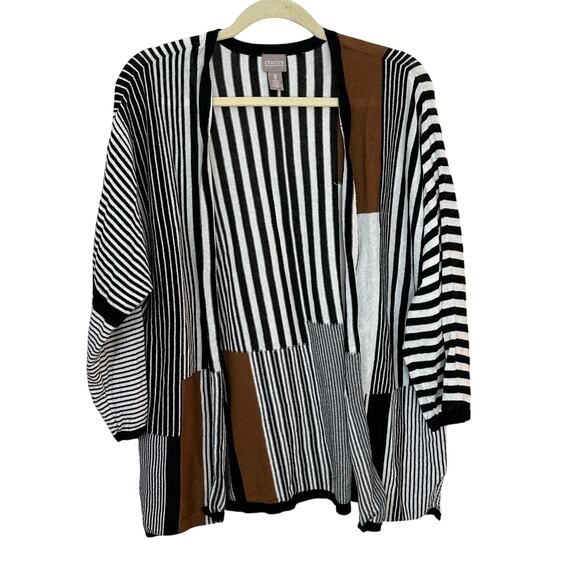Chicos Lightweight Open Front Knit Cardigan XL Black White Brown Stripe Size 3 - Picture 1 of 8